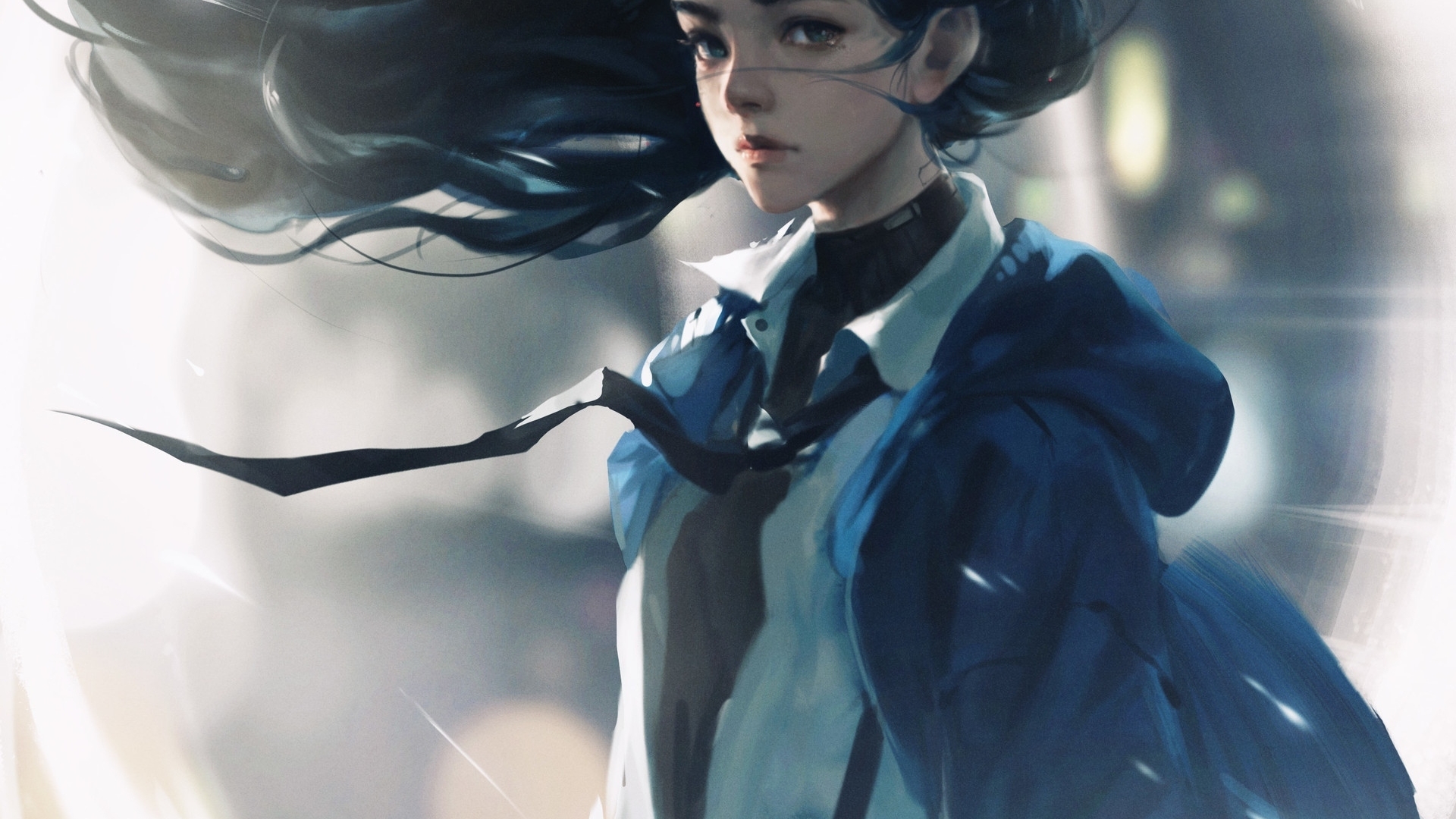 HD wallpaper: anime girl, sad, school uniform, windy, black hair
