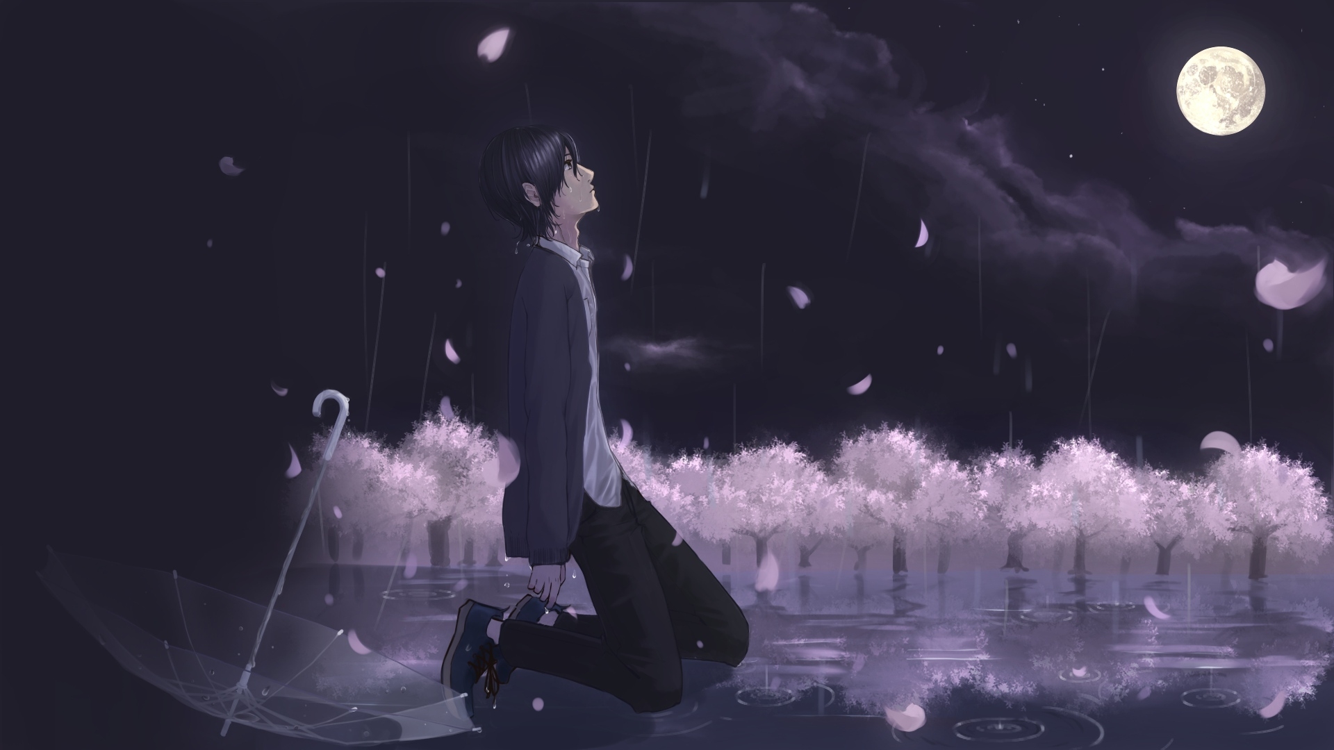 anime guy crying in the rain