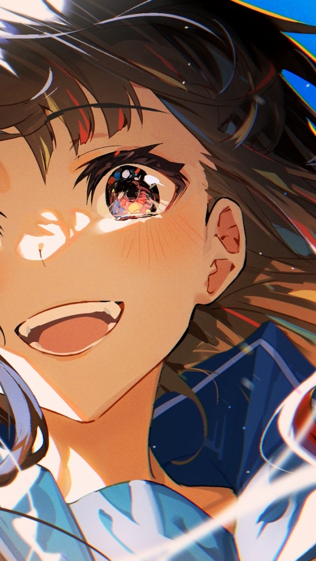 Wallpaper Beautiful Anime Girl, Blushes, Smiling, Brown Hair, Clouds ...