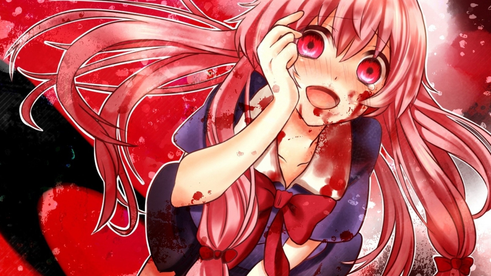 angry, face, open mouth, Mirai Nikki, Gasai Yuno, anime, anime girls,  yandere, red background, simple background