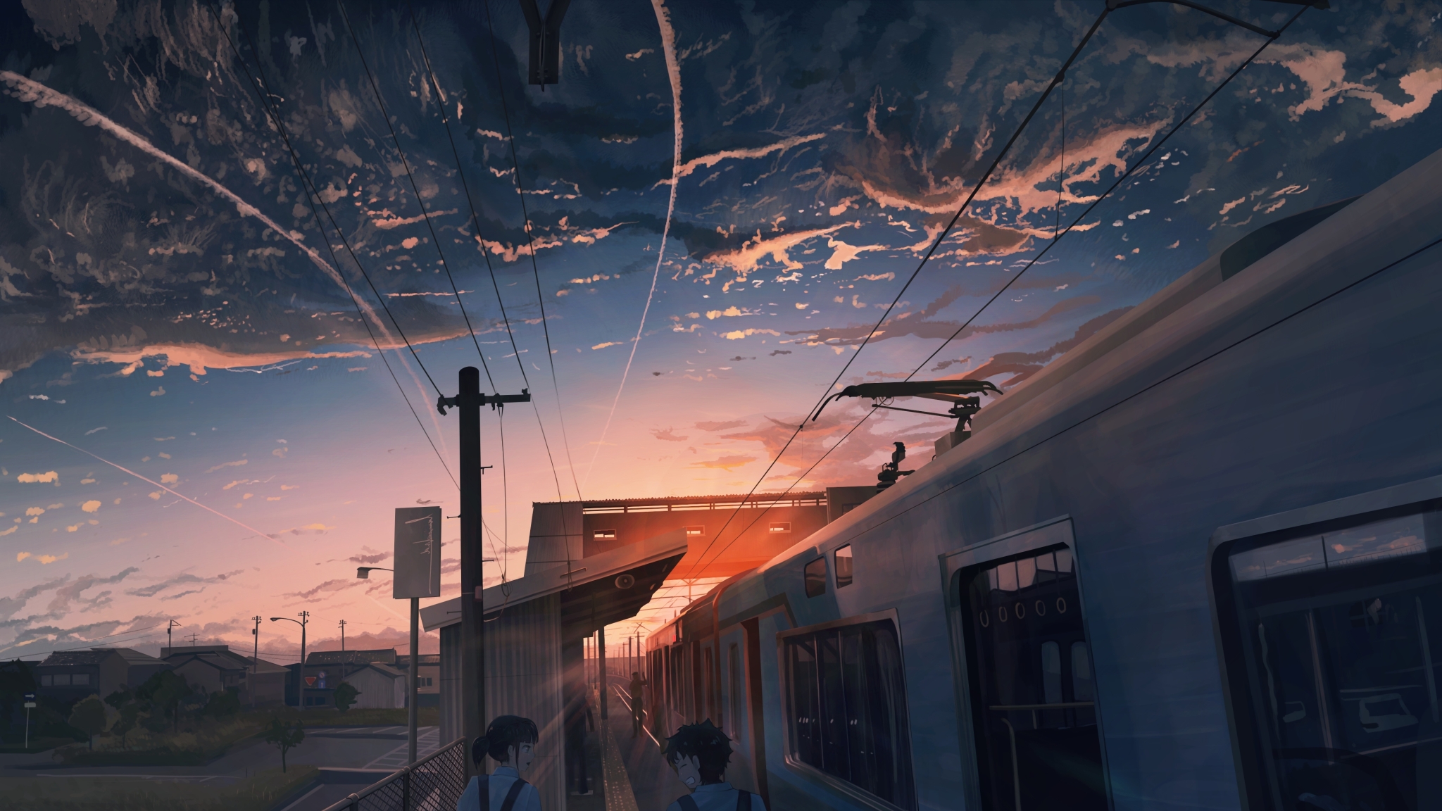 Wallpaper Anime Landscape, Fence, Sunset, Train, Scenic, Clouds ...