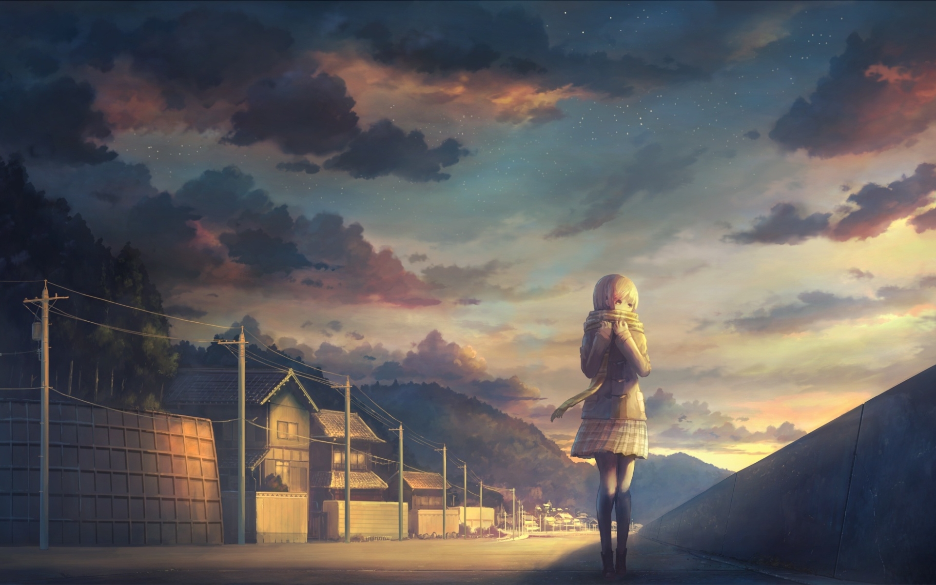 Wallpaper Scenic, Anime Girl, Buildings, Scenery, Scarf, Clouds ...