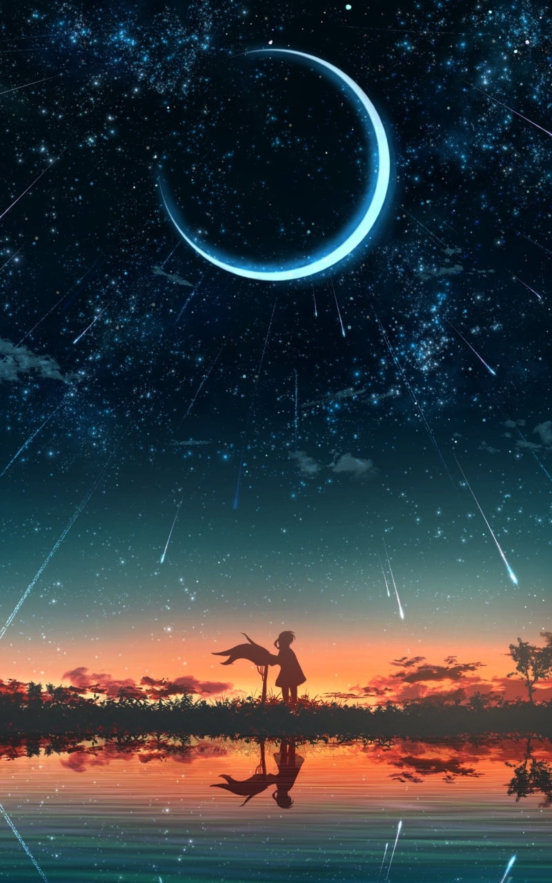 Wallpaper Anime Girl, Night, Crescent, Clouds, Scenic, Anime Landscape ...