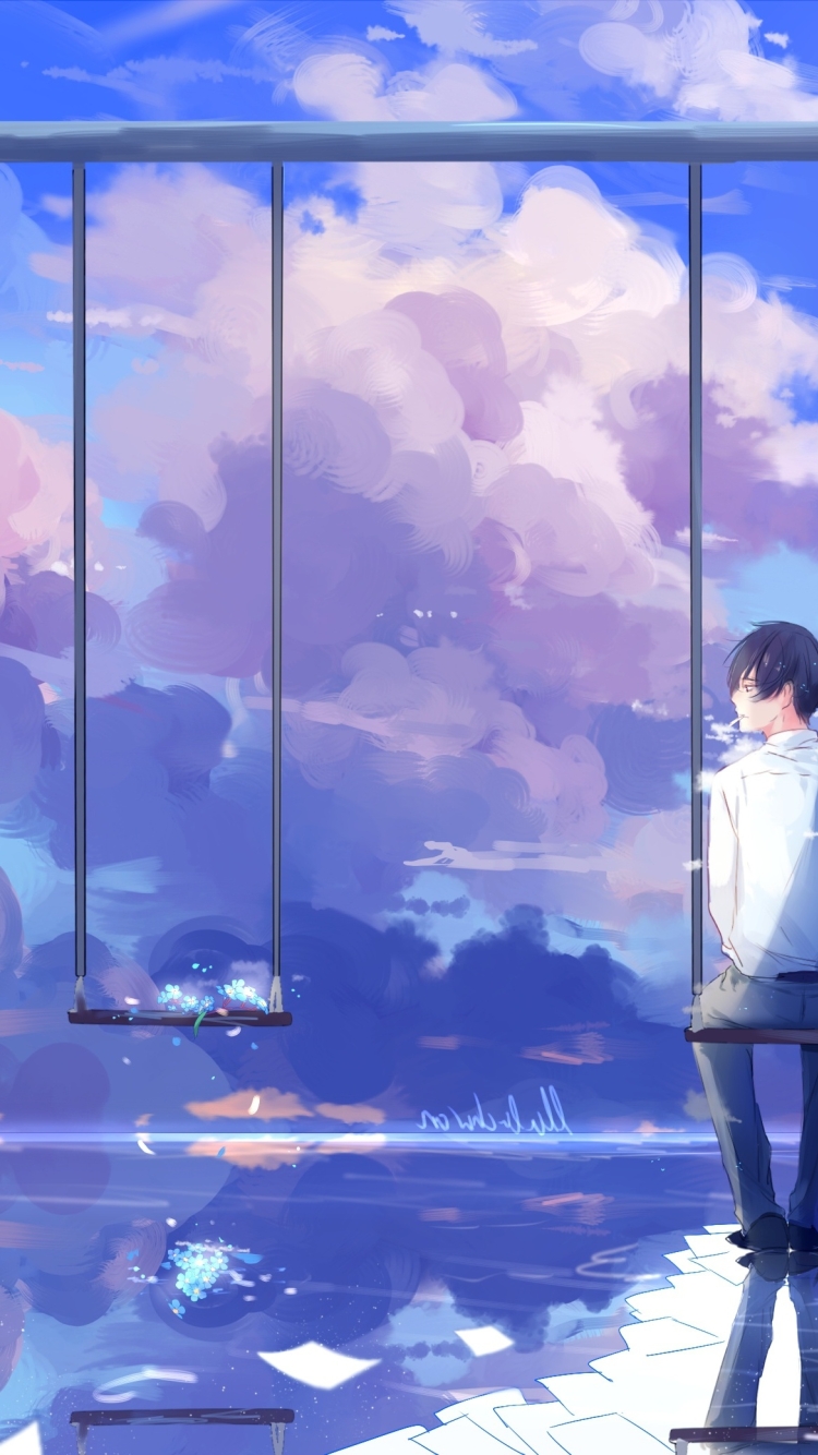 Wallpaper Back View, Anime Boy, Reflection, Swing, Clouds, Scenic ...