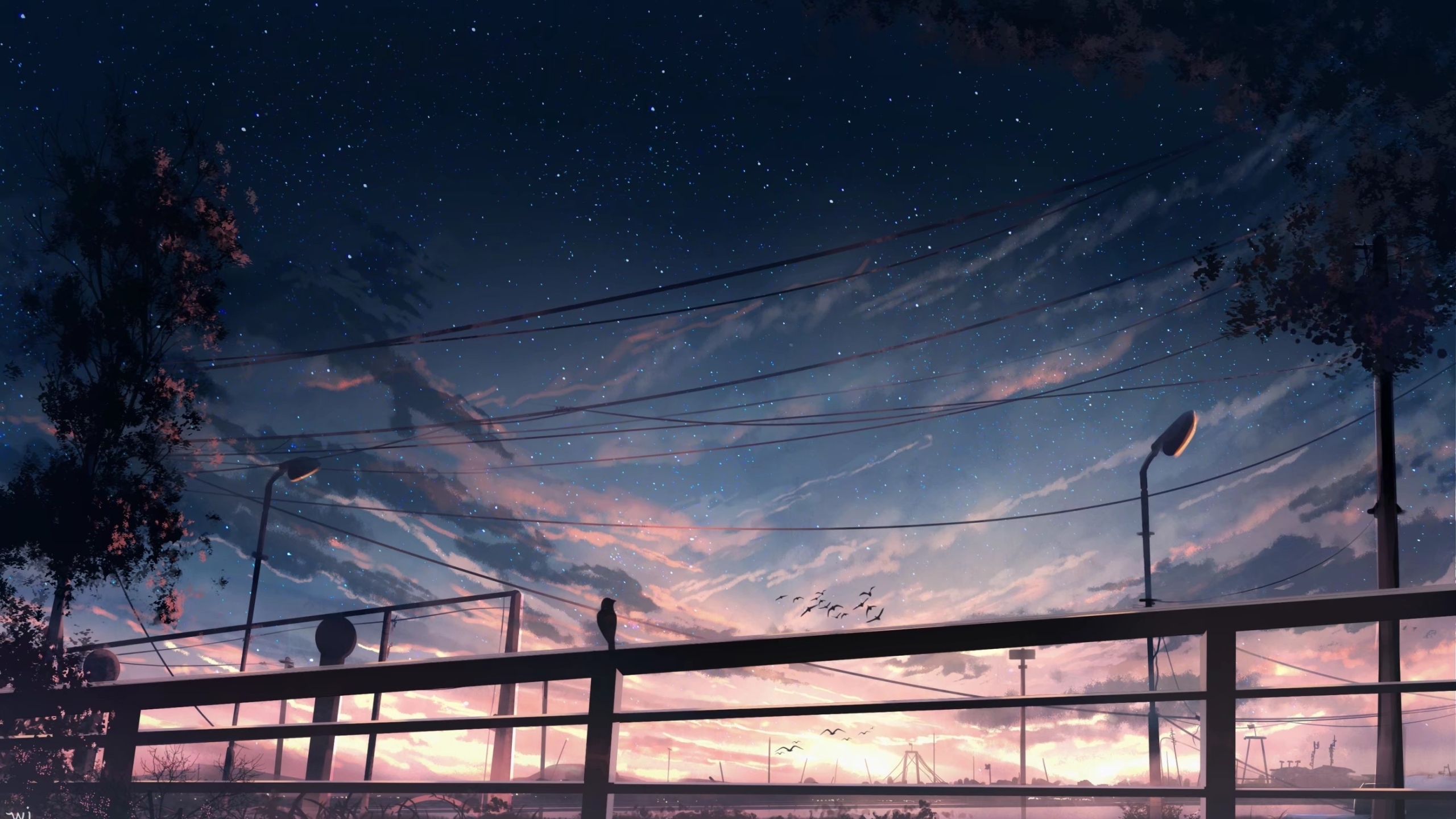 Wallpaper Scenery, Sunset, Anime Landscape, Clouds, Fence, Sky, Stars ...