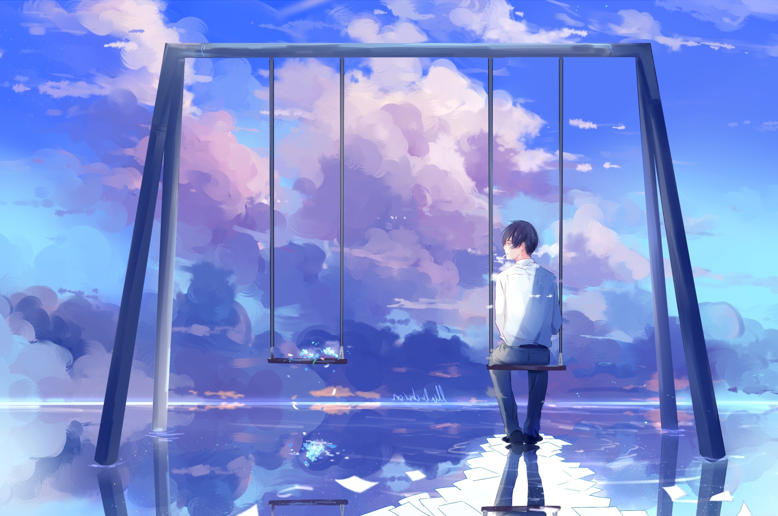 Wallpaper Back View, Anime Boy, Reflection, Swing, Clouds, Scenic ...