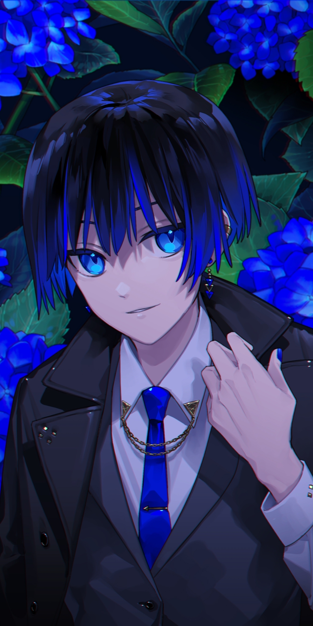 Wallpaper Earring, Blue Hair, Anime Boy, Shoujo, Smiling, Suit
