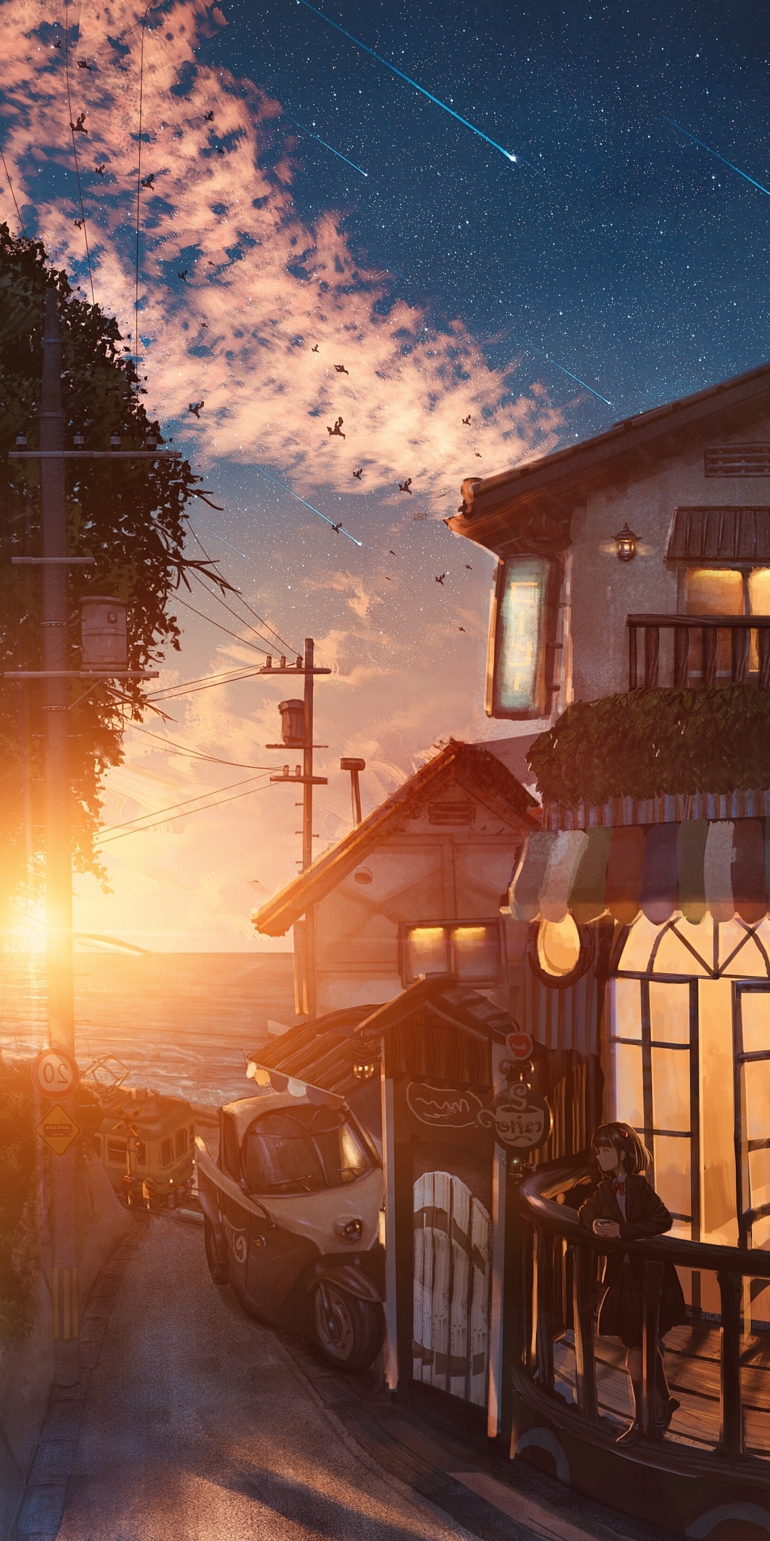 Wallpaper Clouds, Anime Landscape, Scenery, Sunset, Falling Stars ...