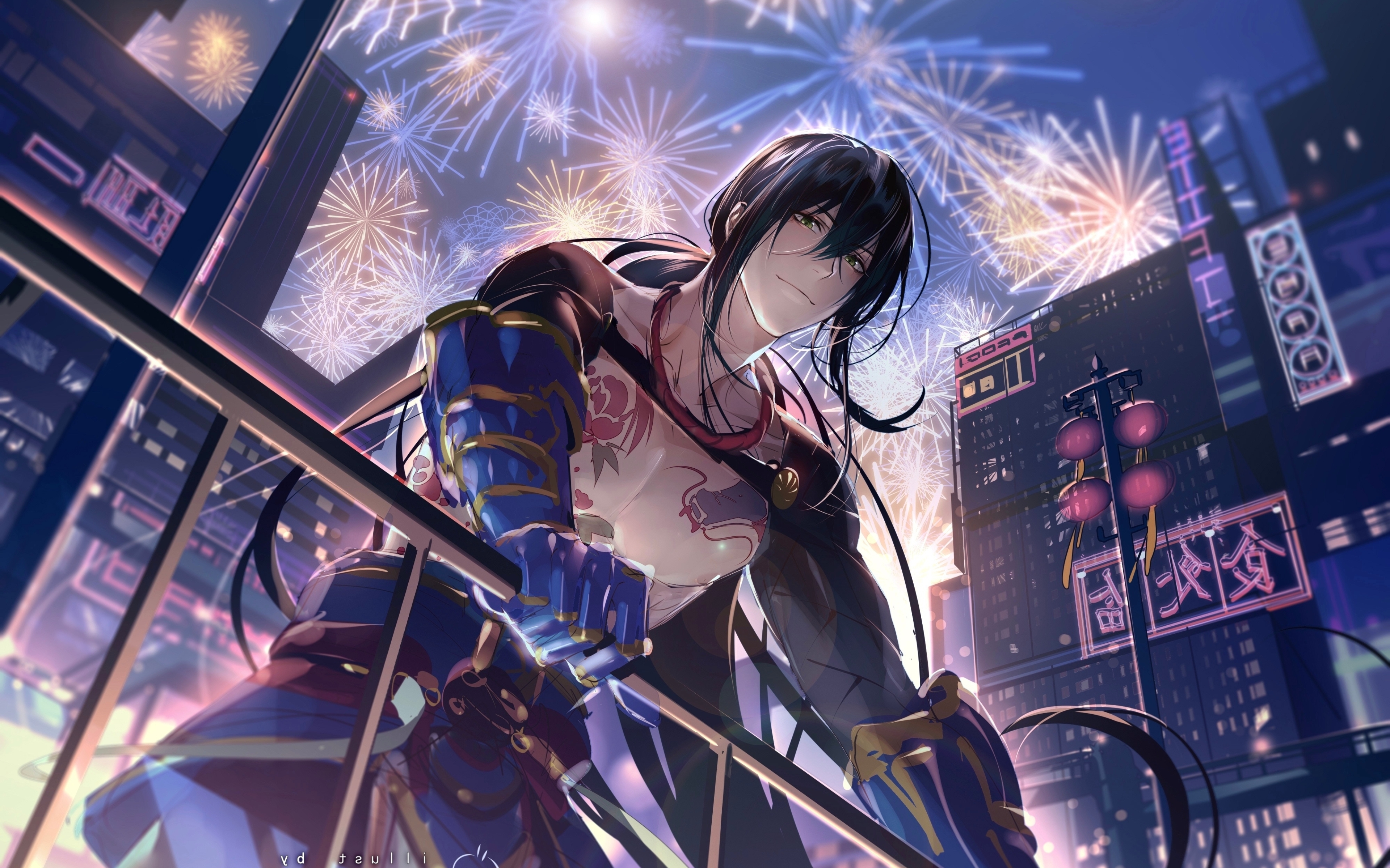 Wallpaper Fireworks Handsome Anime Boy Shinjuku Assassin Fate Grand Order Resolution 4000x3000 Wallpx