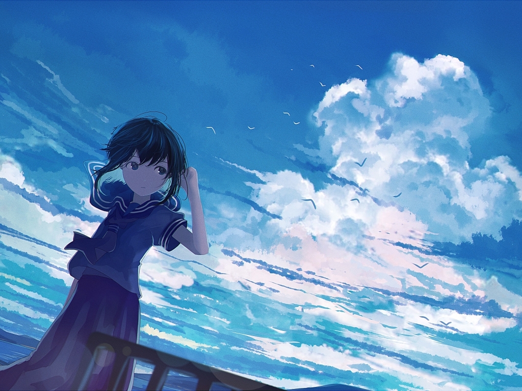 Wallpaper Birds, School Uniform, Anime Girl, Wind, Clouds - Resolution ...