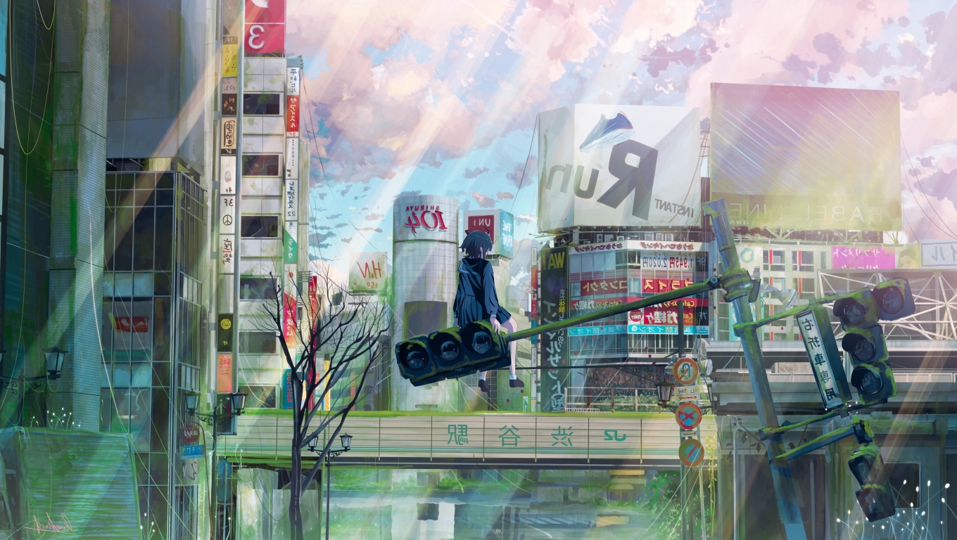 Wallpaper Sunrays, Anime Cityscape, Post-Apocalyptic, Anime School Girl ...