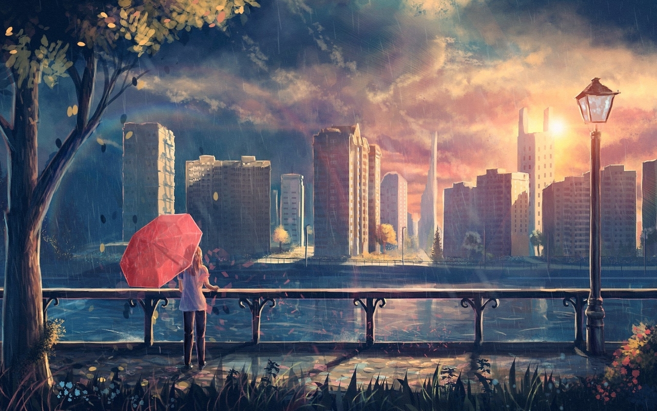 Wallpaper Sunset, Painting, River, Anime Landscape, Raining ...