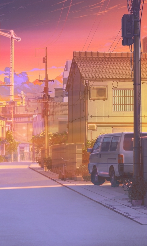 Wallpaper Scenic Wall Buildings Car Sunset Anime Street