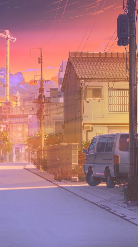 Wallpaper Scenic, Wall, Buildings, Car, Sunset, Anime Street ...