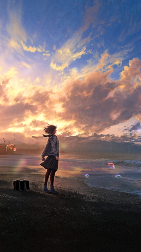 Wallpaper Anime Landscape, Beach, Ocean, Sunset, Clouds, Scream, Anime ...