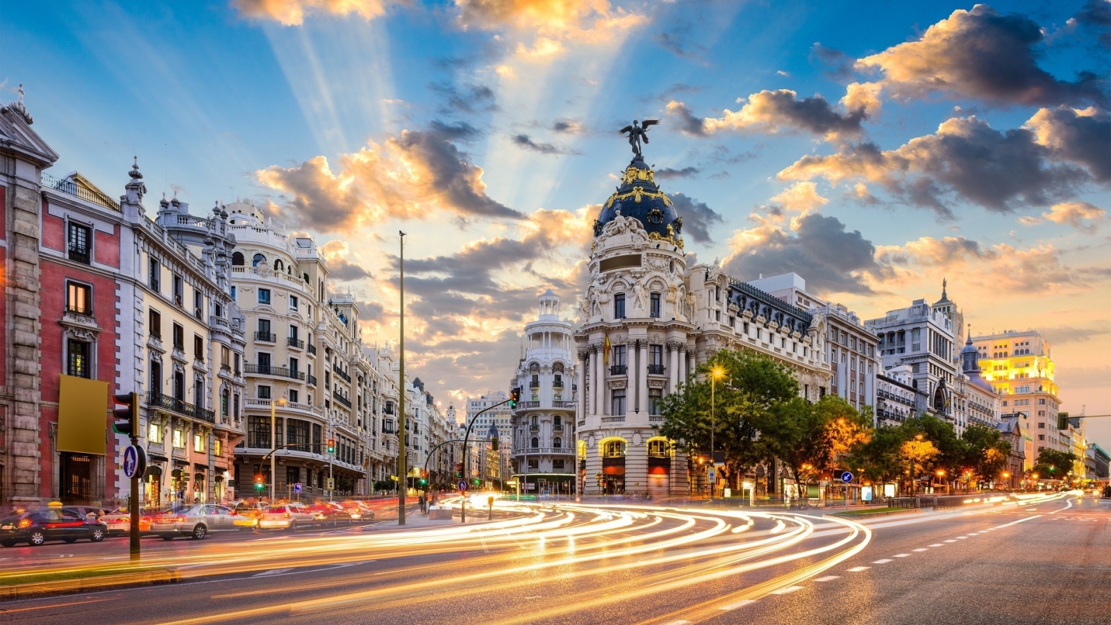 Wallpaper Buildings Road Lights Madrid Sunset Clouds Resolution
