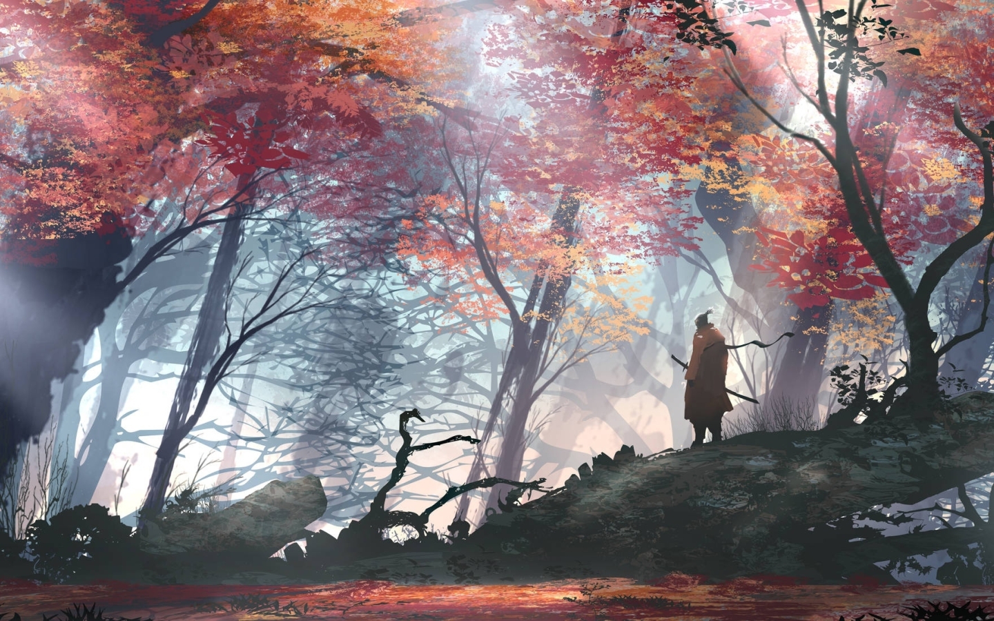 Wallpaper Samurai, Trees, Forest, Sword, Anime Man, Scenic, Autumn ...