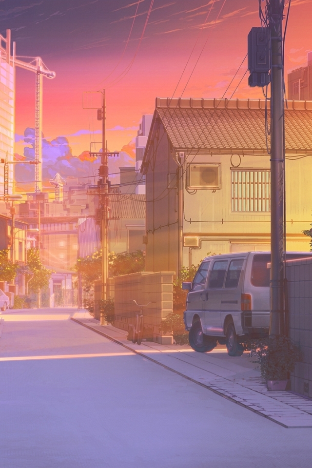 Wallpaper Scenic, Wall, Buildings, Car, Sunset, Anime Street ...