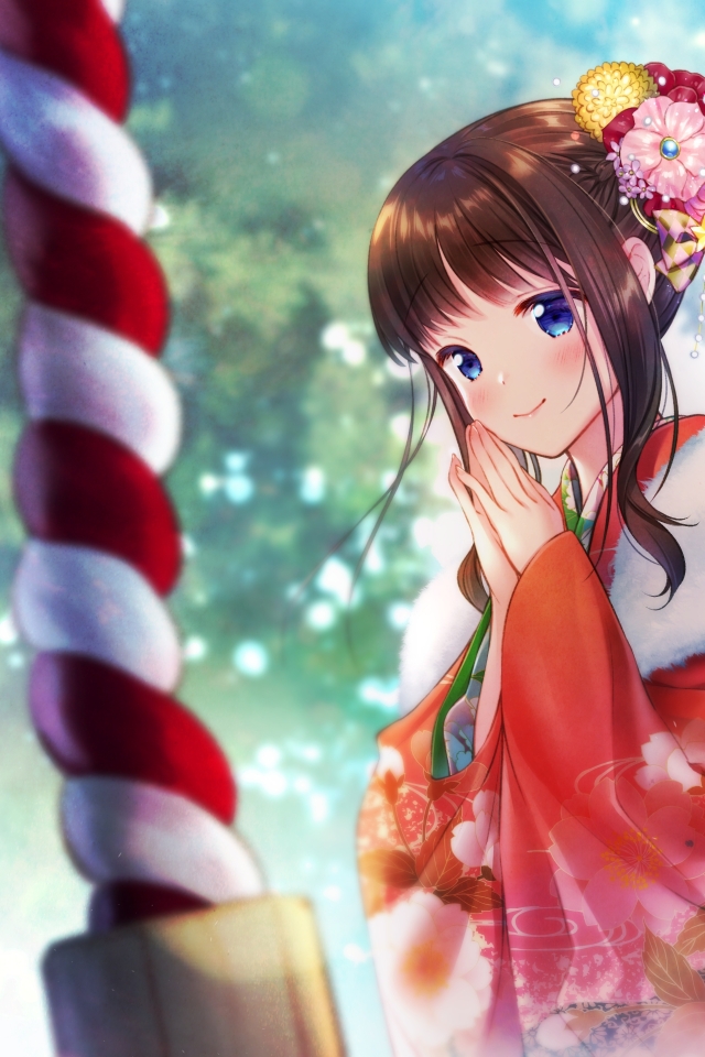 Wallpaper Anime Girl, Shrine, Brown Hair, Kimono - Resolution:4093x2894 ...
