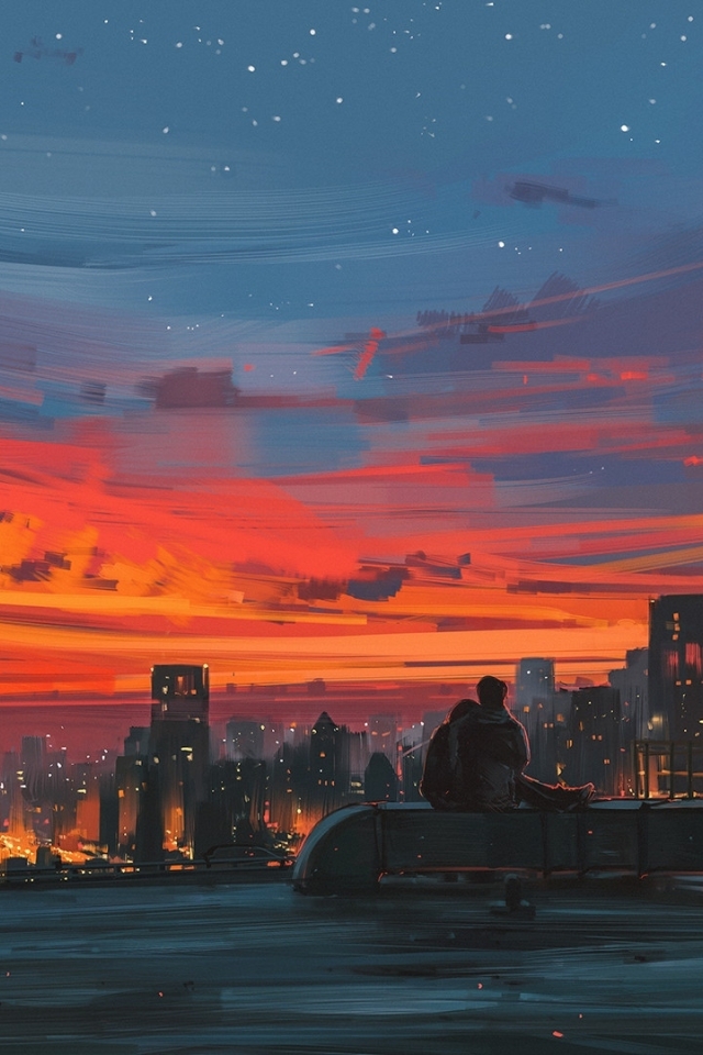 Wallpaper Relaxing, Cityscape, Sunset, Crescent, Mood, Anime Couple ...