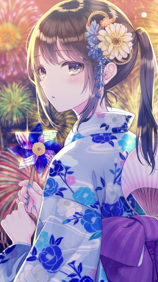 Wallpaper Fireworks, Anime Festival, Anime Girl, Kimono, Brown Hair ...