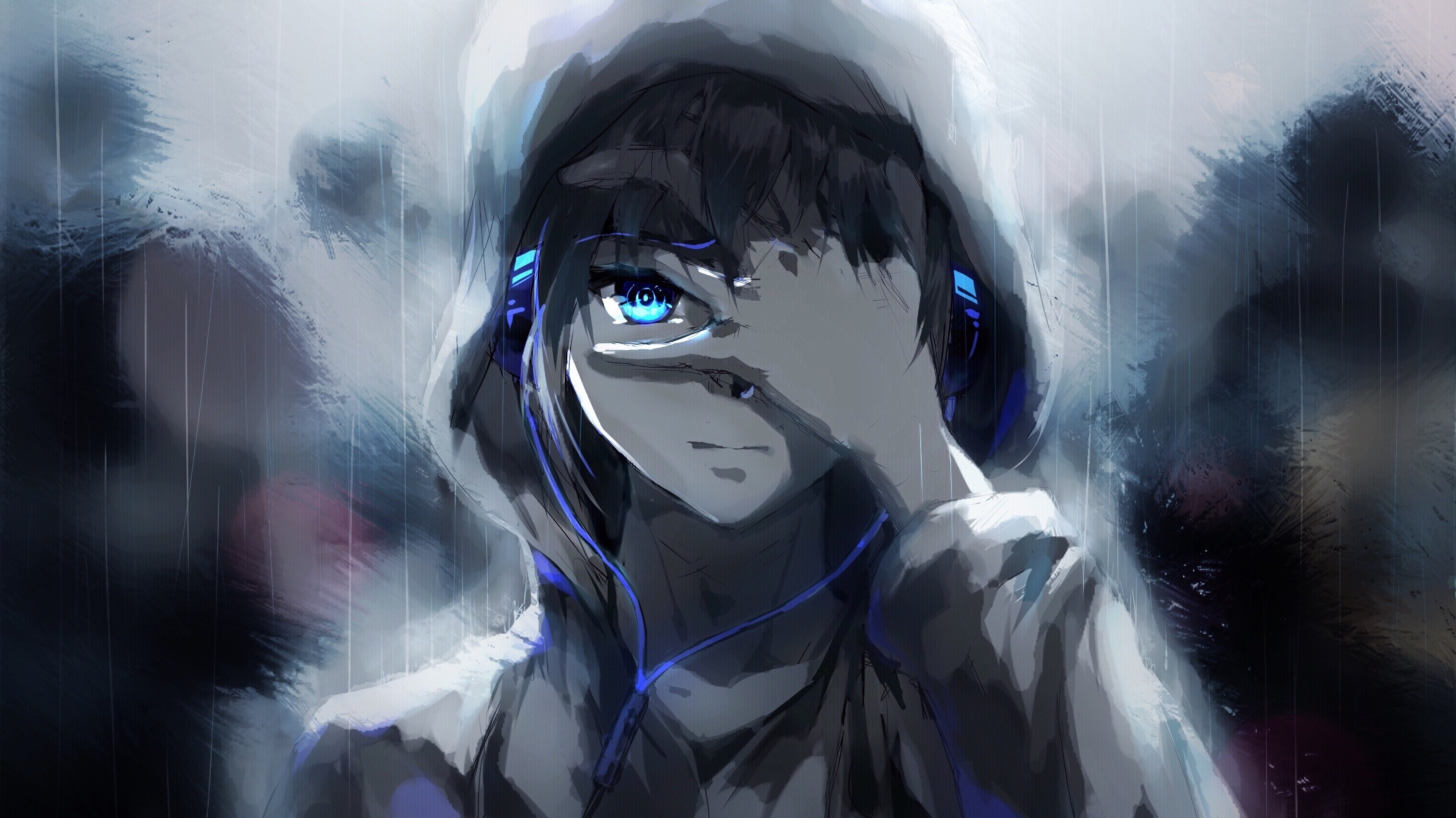 blue hair anime with headphones