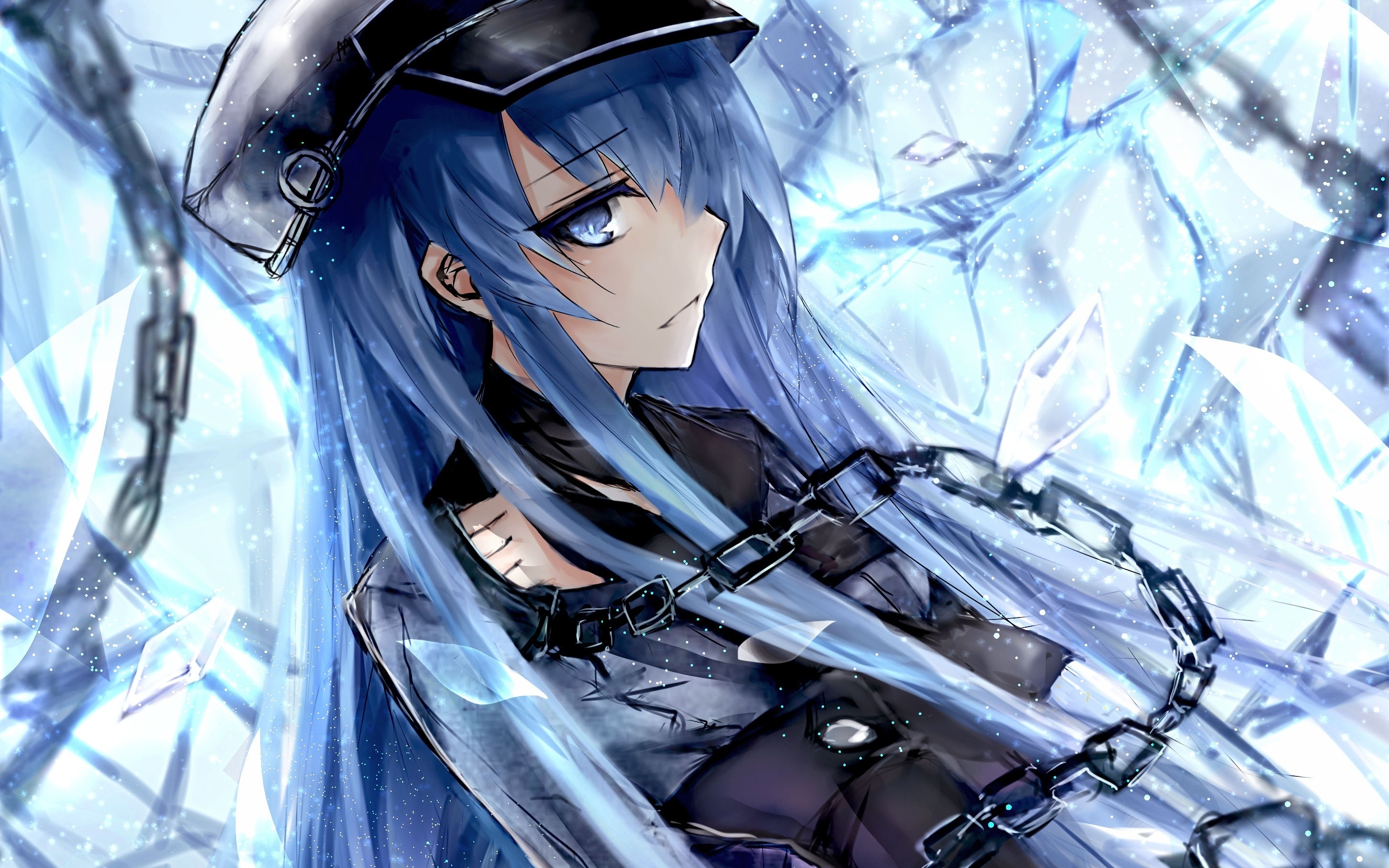 Wallpaper Blue Hair, Chains, Hat, Akame Ga Kill, Profile View, Esdeath