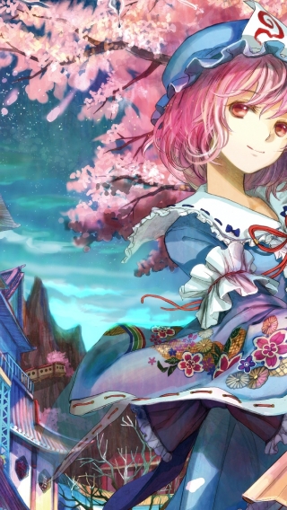 Wallpaper Katana Saigyouji Yuyuko Pink Hair Sakura Blossom Scenic