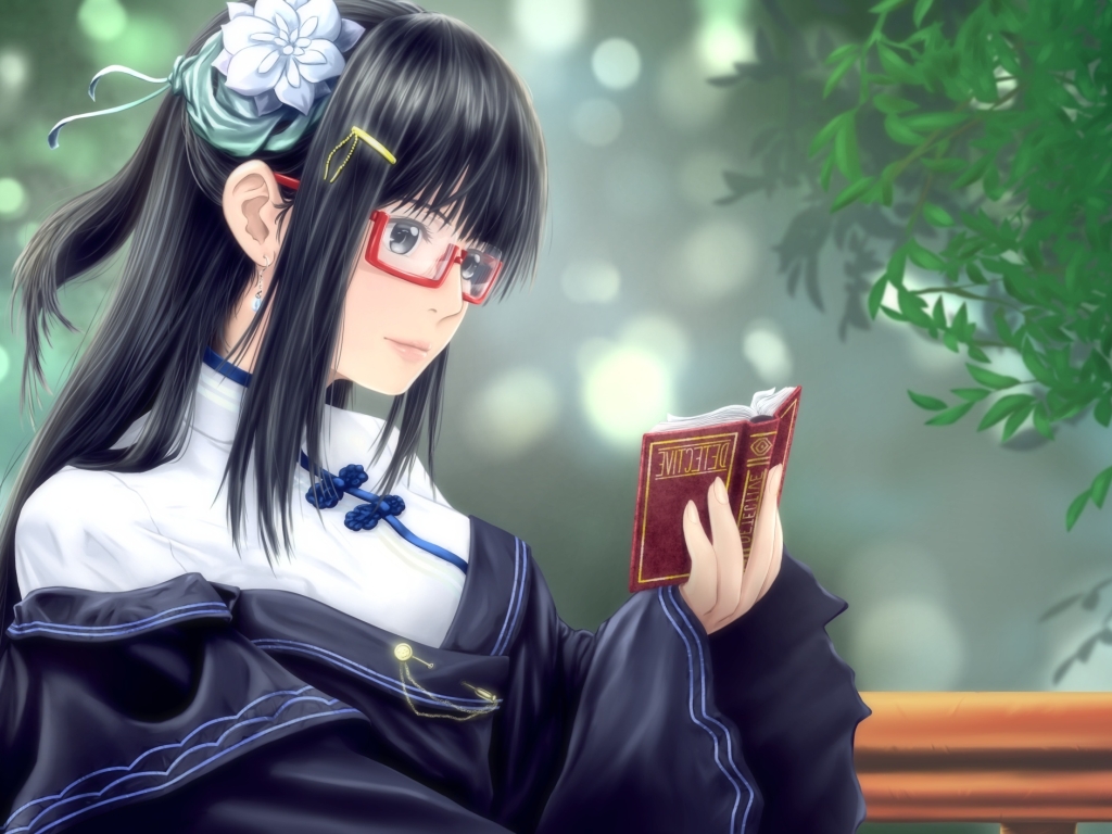Wallpaper Long Hair Book Flower Meganekko Anime Girl Resolution