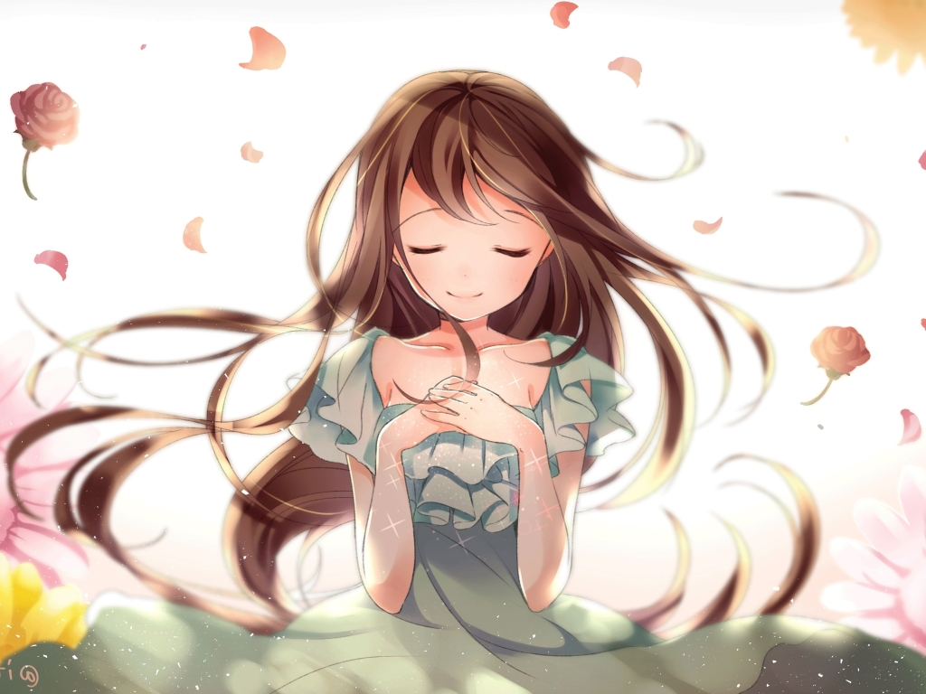 Wallpaper Closed Eyes, Anime Girl, Happy Face, Flowers, Brown Hair ...