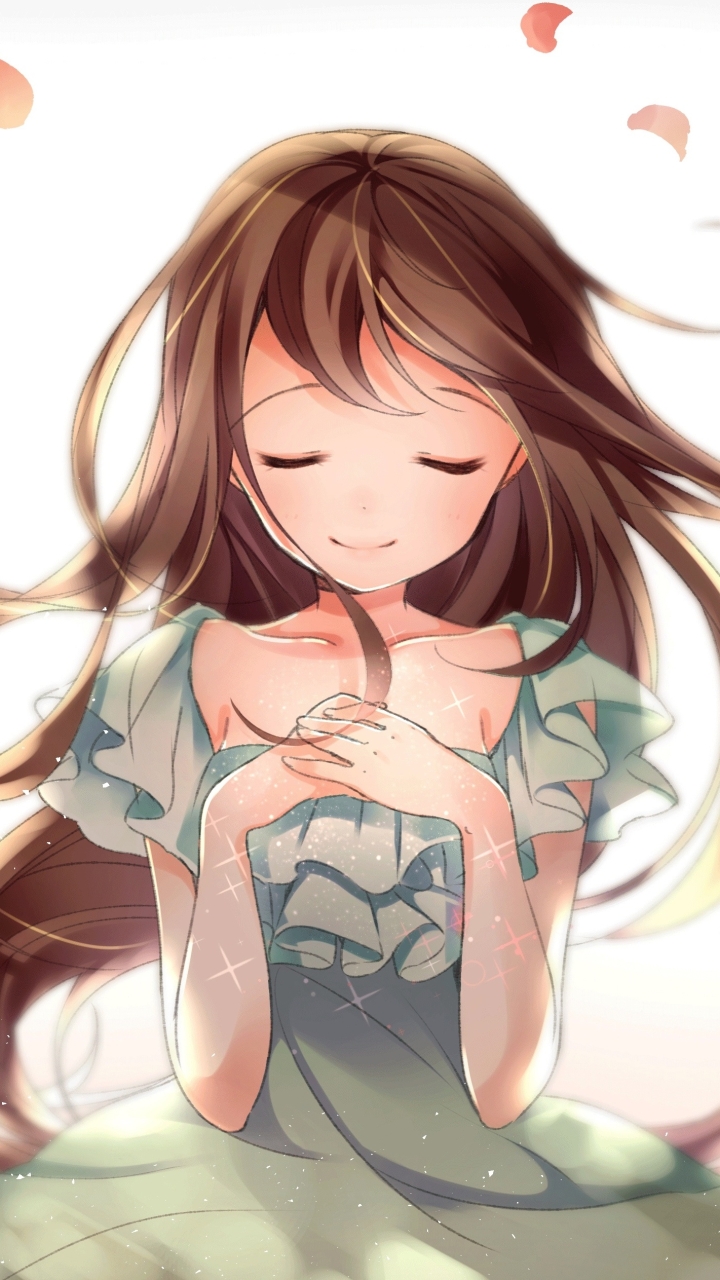 Wallpaper Closed Eyes, Anime Girl, Happy Face, Flowers, Brown Hair ...
