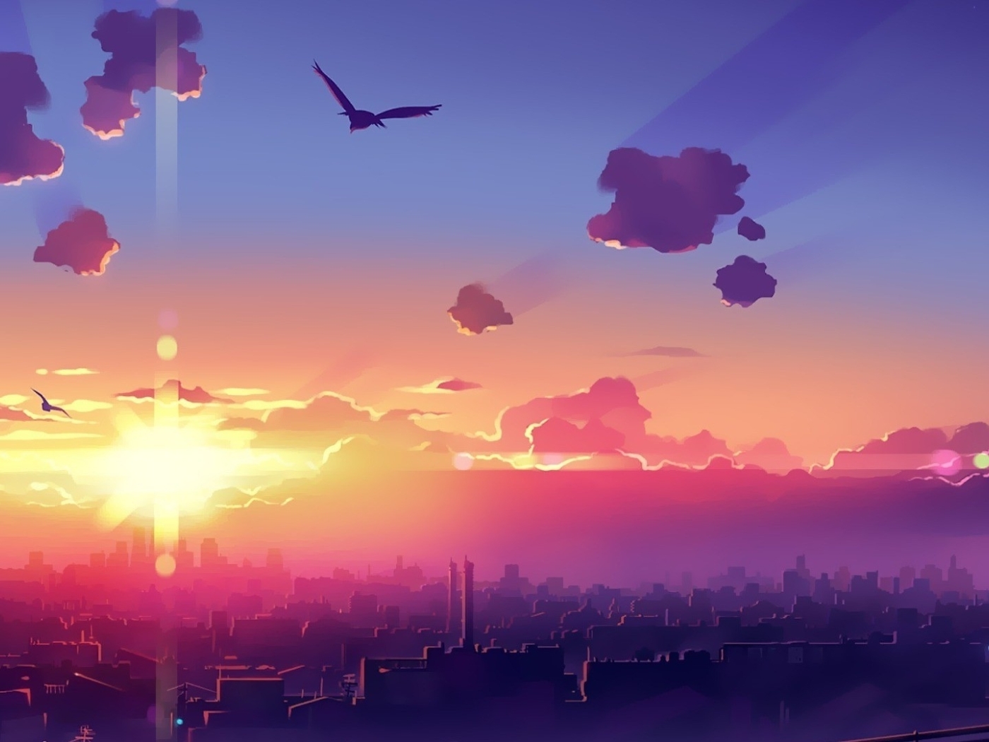 Wallpaper Clouds, Bird, Cityscape, Sunset, Anime Landscape, Horizon ...