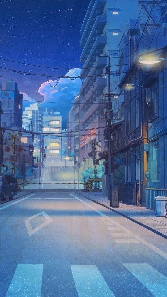 Wallpaper Scenery, Night, Stars, Buildings, Road, Anime Street ...