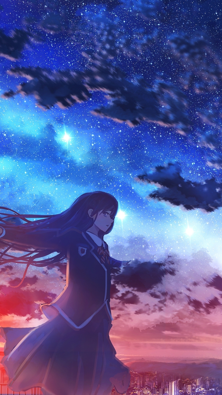 Wallpaper Clouds, Anime School Girl, Stars, Sunset, Anime Landscape ...