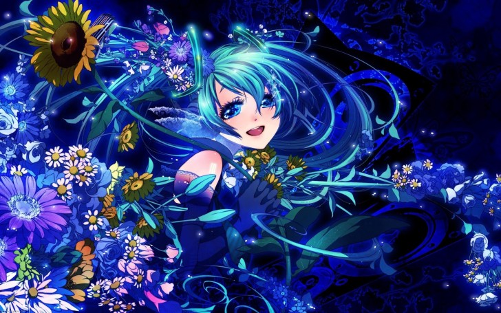 Girl with blue hair with flowers - wide 3