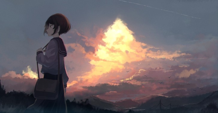 Wallpaper Clouds, Anime School Girl, Scenic, Profile View, Short Hair ...