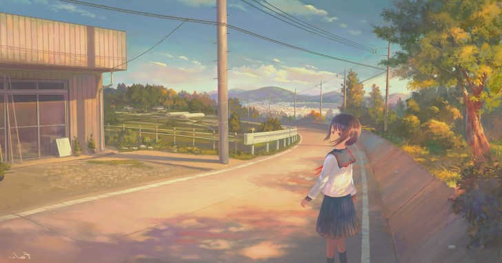 Wallpaper Landscape, Anime School Girl, Short Hair, Scenic - Resolution ...