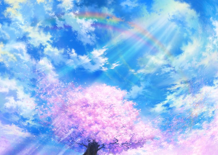 Wallpaper Scenic, Clouds, Sakura Blossom, Rainbow - Resolution ...