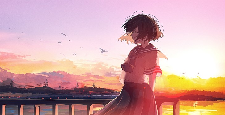 Wallpaper School Uniform, Sunset, Short Hair, Anime Girl, Sky ...