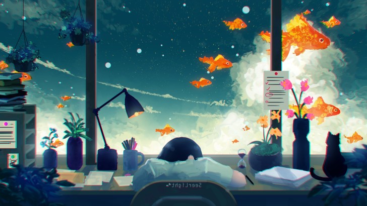Wallpaper Anime Girl, Stars, Sleeping, Fishes, Dreamland, Cat ...