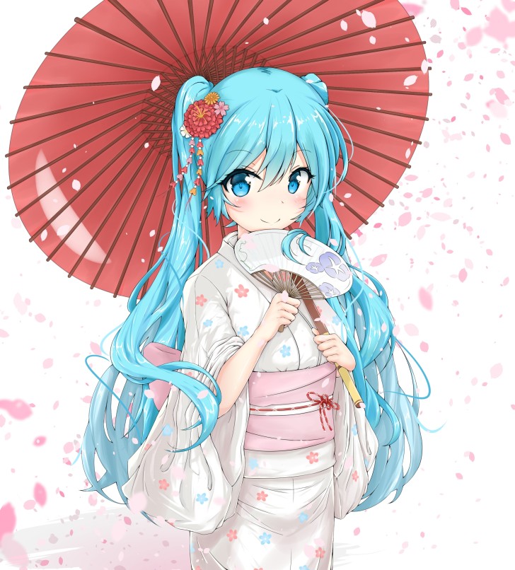 Wallpaper Aqua Hair Kimono Hatsune Miku Twintails Fan Umbrella Vocaloid Resolution