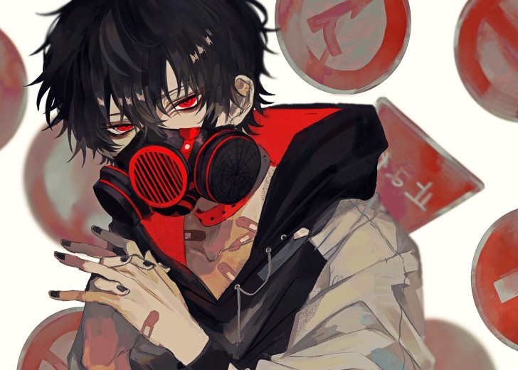 Wallpaper Hoodie, Black Hair, Gas Mask, Red Eyes, Anime Boy ...
