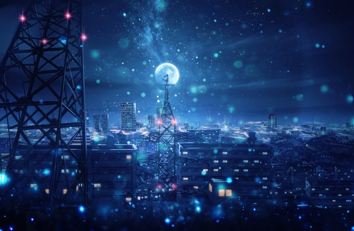 Wallpaper Moon, Scenic, Anime City, Towers, Girl, Stars, Sky, Night ...