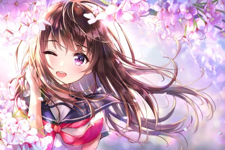 Wallpaper Wink, Anime Girl, Cute, Cherry Blossom, Smiling, School ...