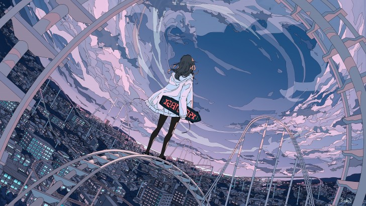 Wallpaper Anime Girl, Clouds, Anime Landscape, Cityscape, Polychromatic ...