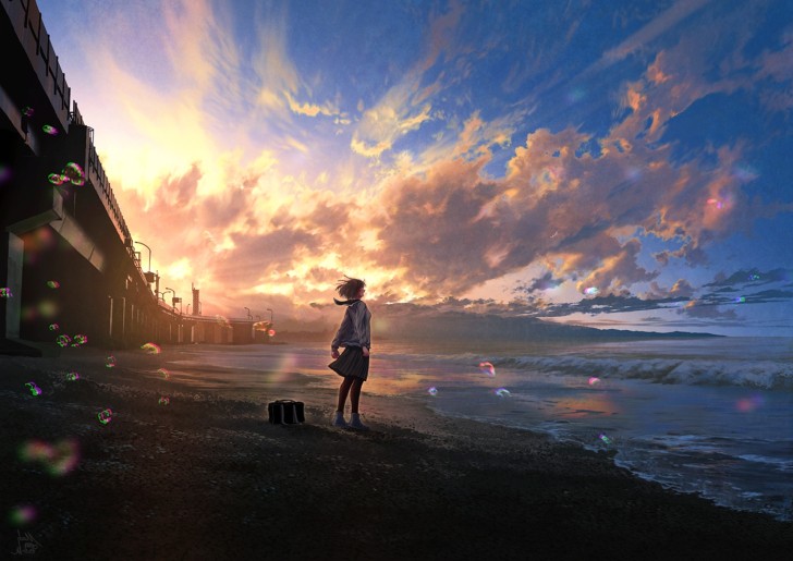 Wallpaper Anime Landscape, Beach, Ocean, Sunset, Clouds, Scream, Anime ...