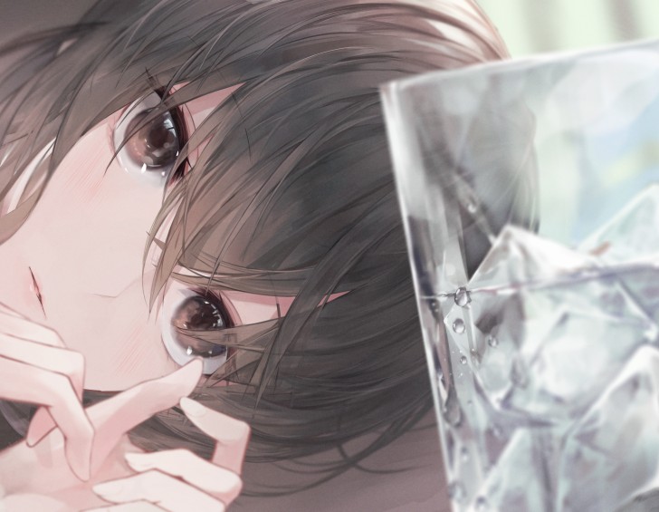 Wallpaper Gloomy Resting Glass Ice Cubes Brown Hair Anime Girl Resolution 38x3015 Wallpx