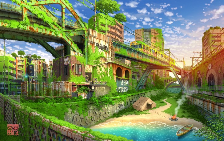Wallpaper Scenery, Anime Apocalypse, Ruins, Clouds, Sunset, Bridge ...