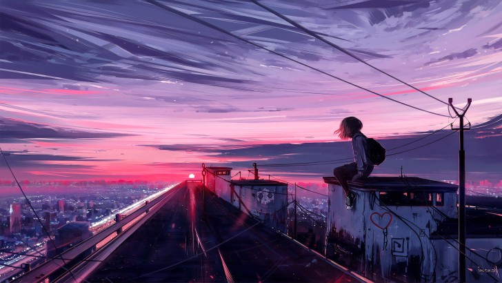 Wallpaper Scenic, Anime Girl, Cityscape, Sunset, Anime Landscape ...