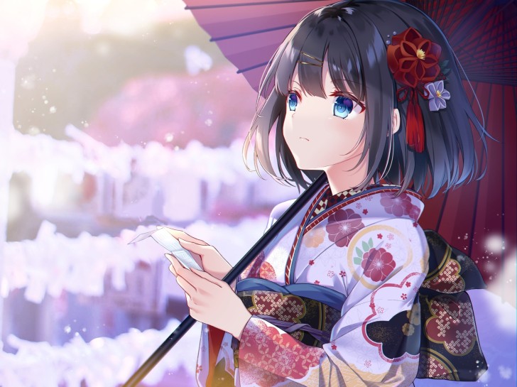 Wallpaper Umbrella, Short Black Hair, Kimono, Snowflakes, Blue Eyes ...
